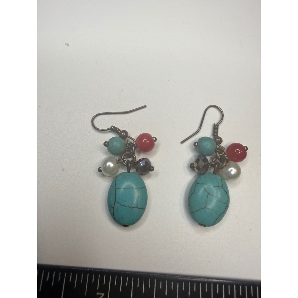 Turquoise Blue Beaded Dangle Earrings Faux Pearl Red Coral Boho Southwestern